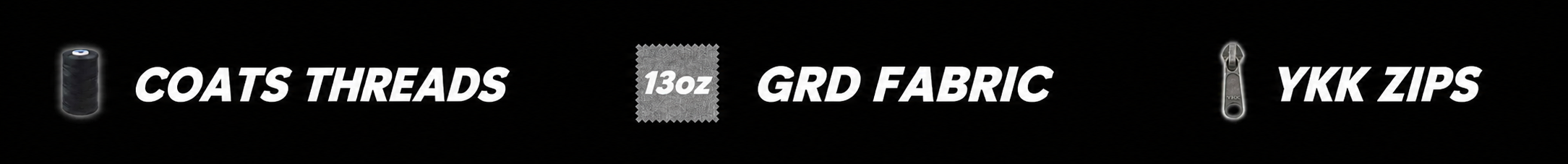 Black banner with text and icons listing components of a product, including 'Coats Threads', '130G Grd Fabric', and 'YKK Zips'.