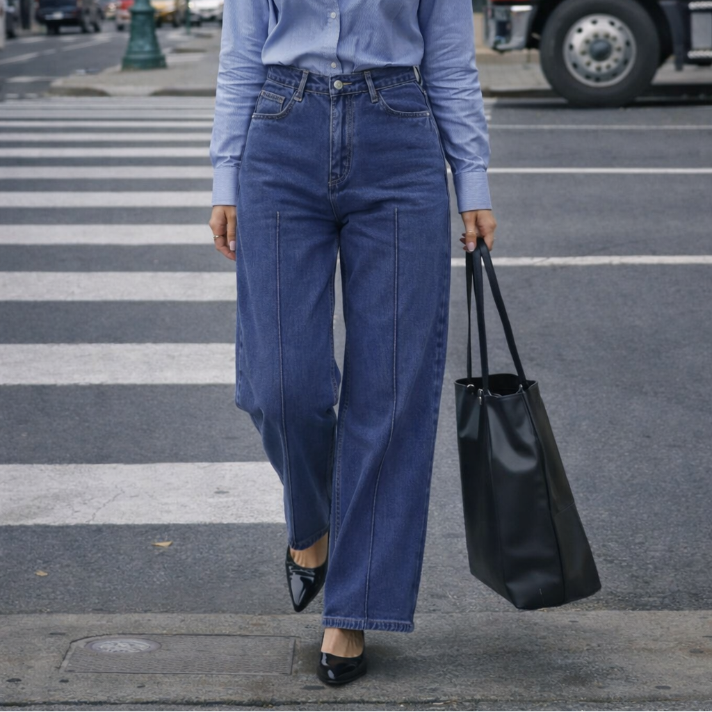 Wide - Leg Cropped   | Mid Blue Black