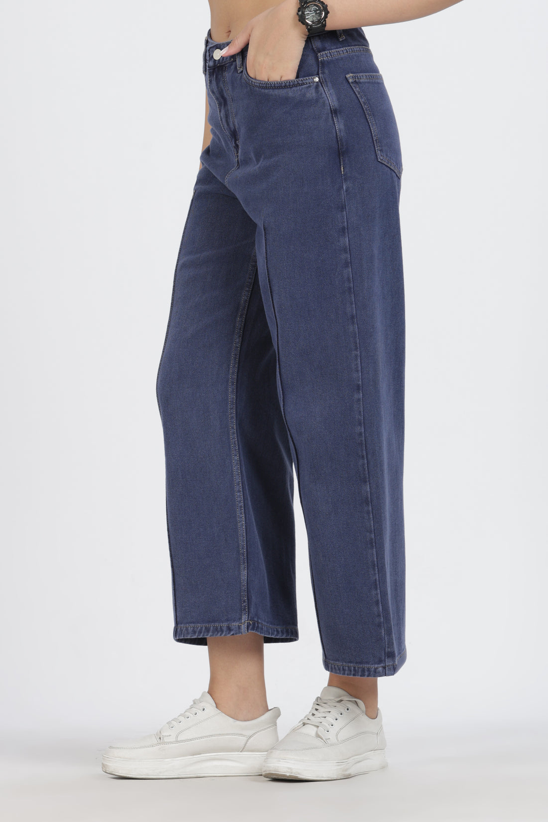 Wide - Leg Cropped   | Mid Blue Black