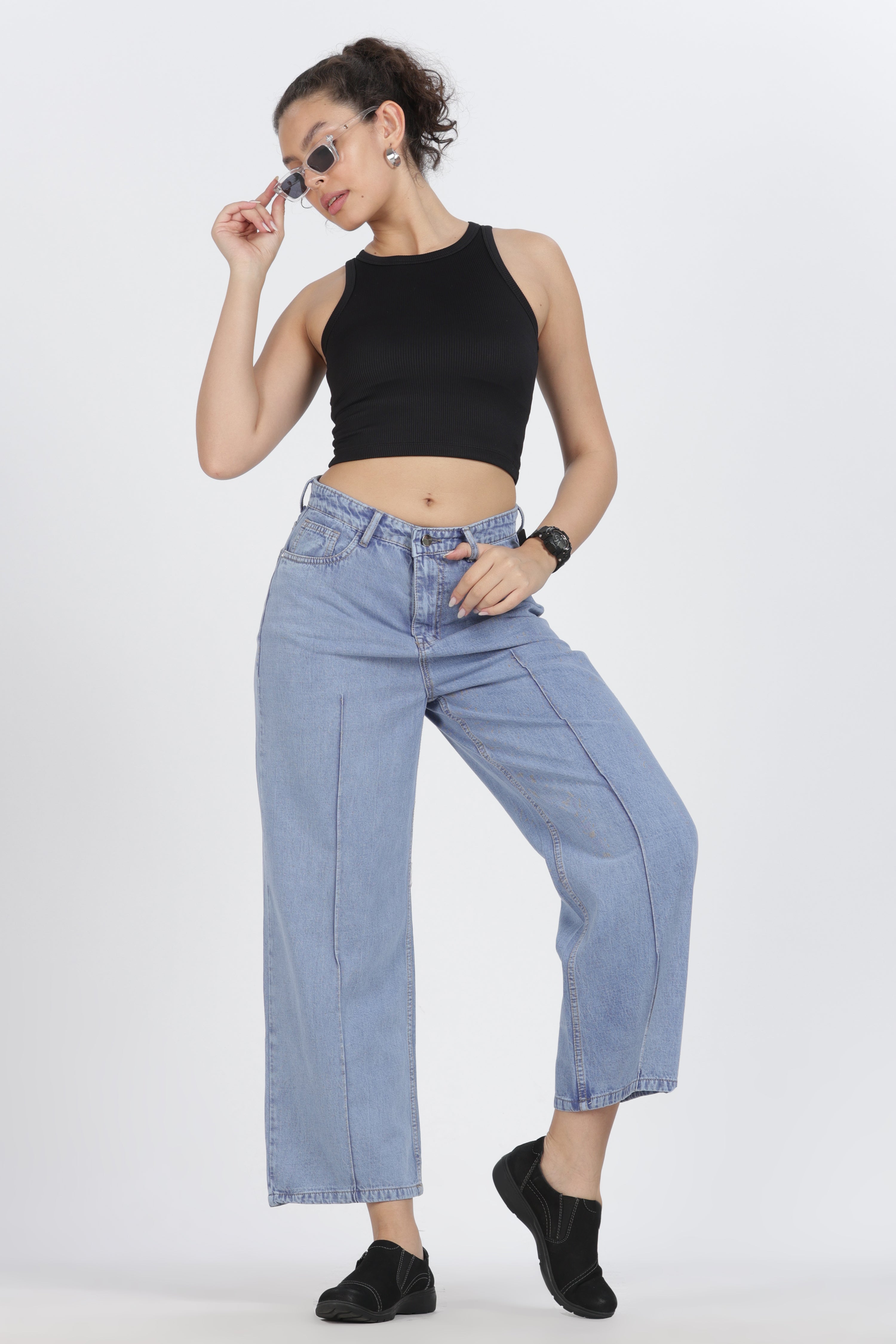 Wide - Leg Cropped   | Ice Blue Black